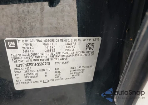 2015 Cadillac Srx Performance Collection from USA, damaged, VIN 3GYFNCE31FS597798